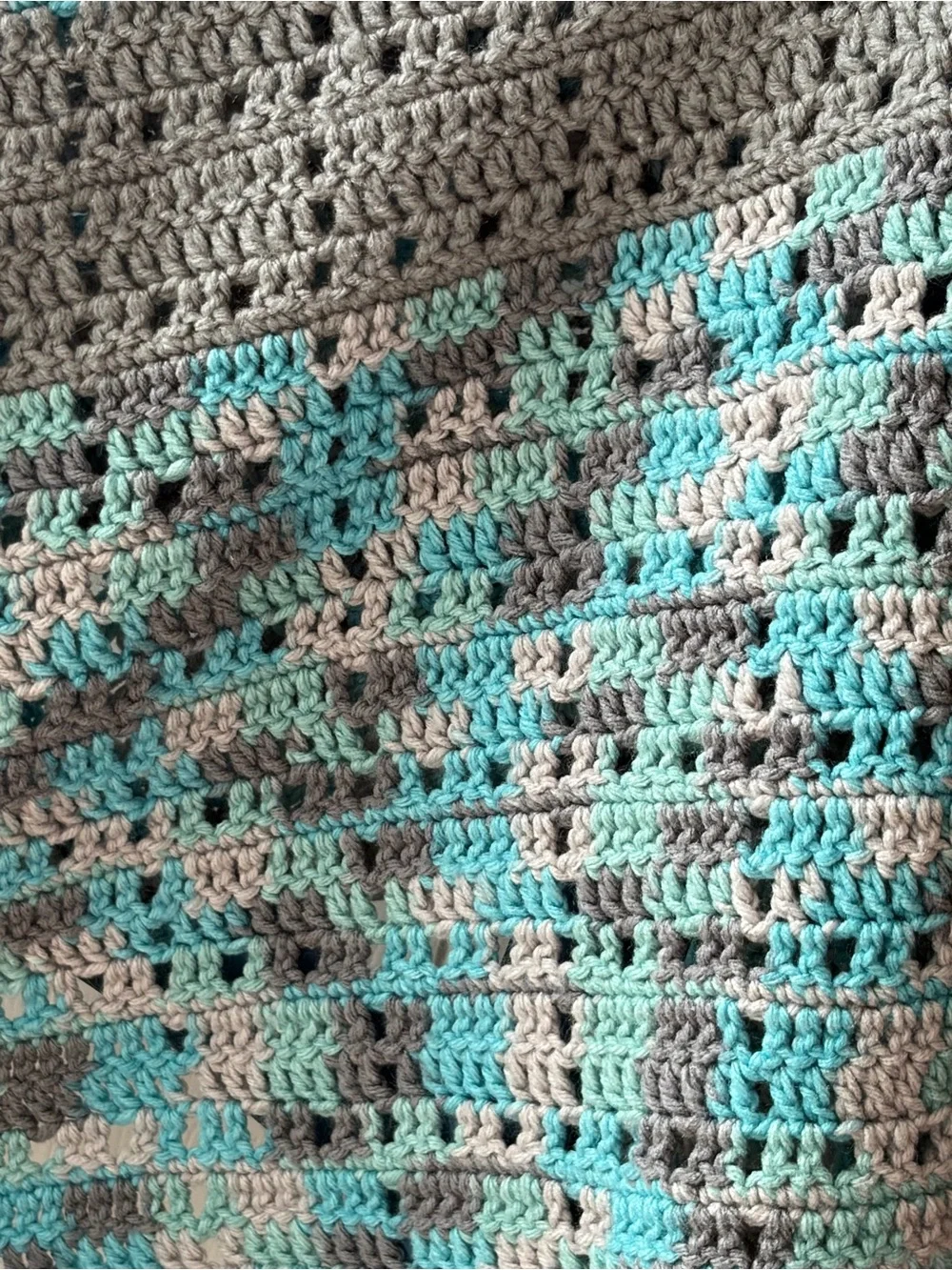 Crochet  lap/baby blanket handmade, variegated teal and grey. Cozy Home Accent
